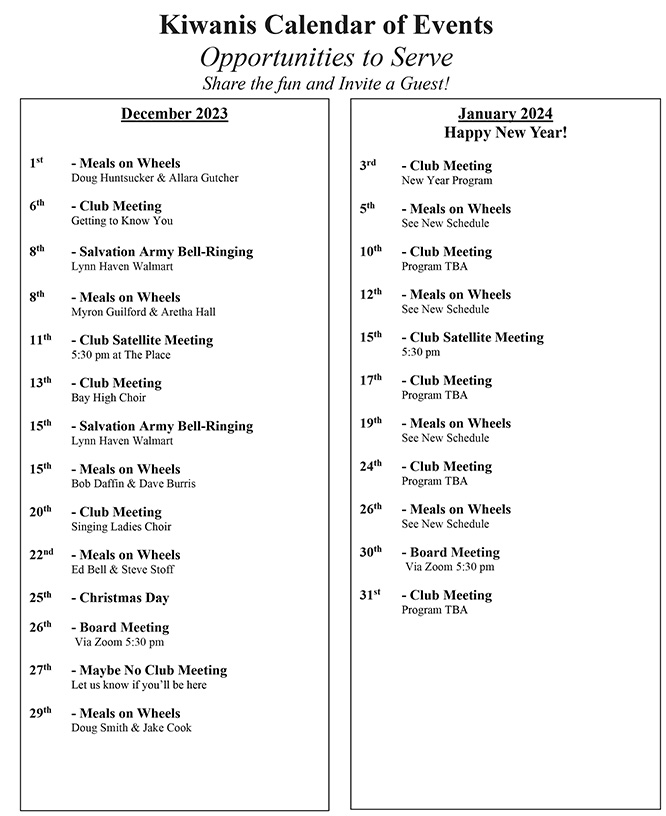 Panama City FL Kiwanis Club Calendar